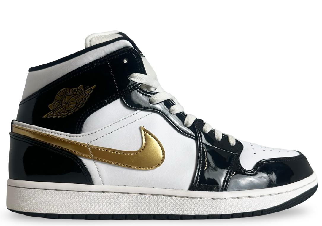 Jordan 1 Mid Patent Black White Gold