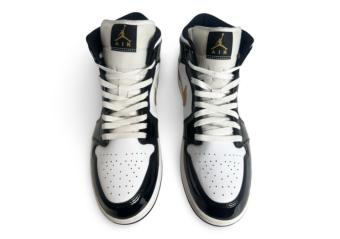 Jordan 1 Mid Patent Black White Gold