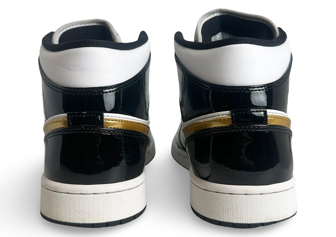 Jordan 1 Mid Patent Black White Gold