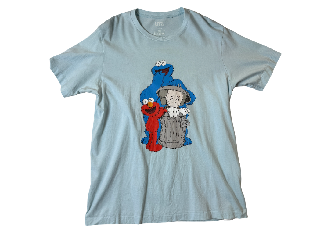 KAWS x Uniqlo x Sesame Street Companion Trash Can Tee Light Blue