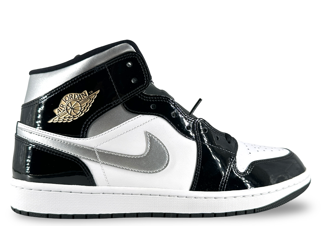 Jordan 1 Mid SE Patent Black White Metallic Silver Metallic Gold