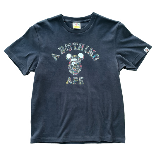 BAPE BEARBRICK CAMO BEAR COLLEGE TEE BLACK