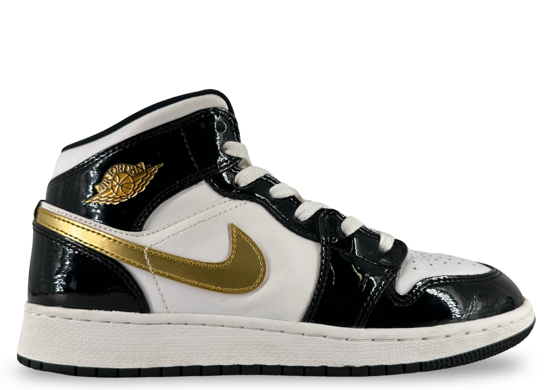 Jordan 1 Mid Patent Black White Gold (GS)