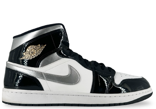 Jordan 1 Mid SE Patent Black White Metallic Silver Metallic Gold