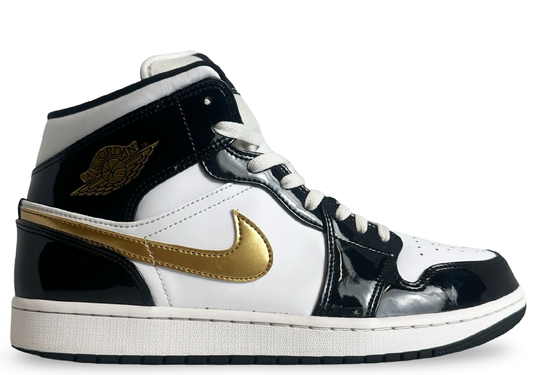 Jordan 1 Mid Patent Black White Gold